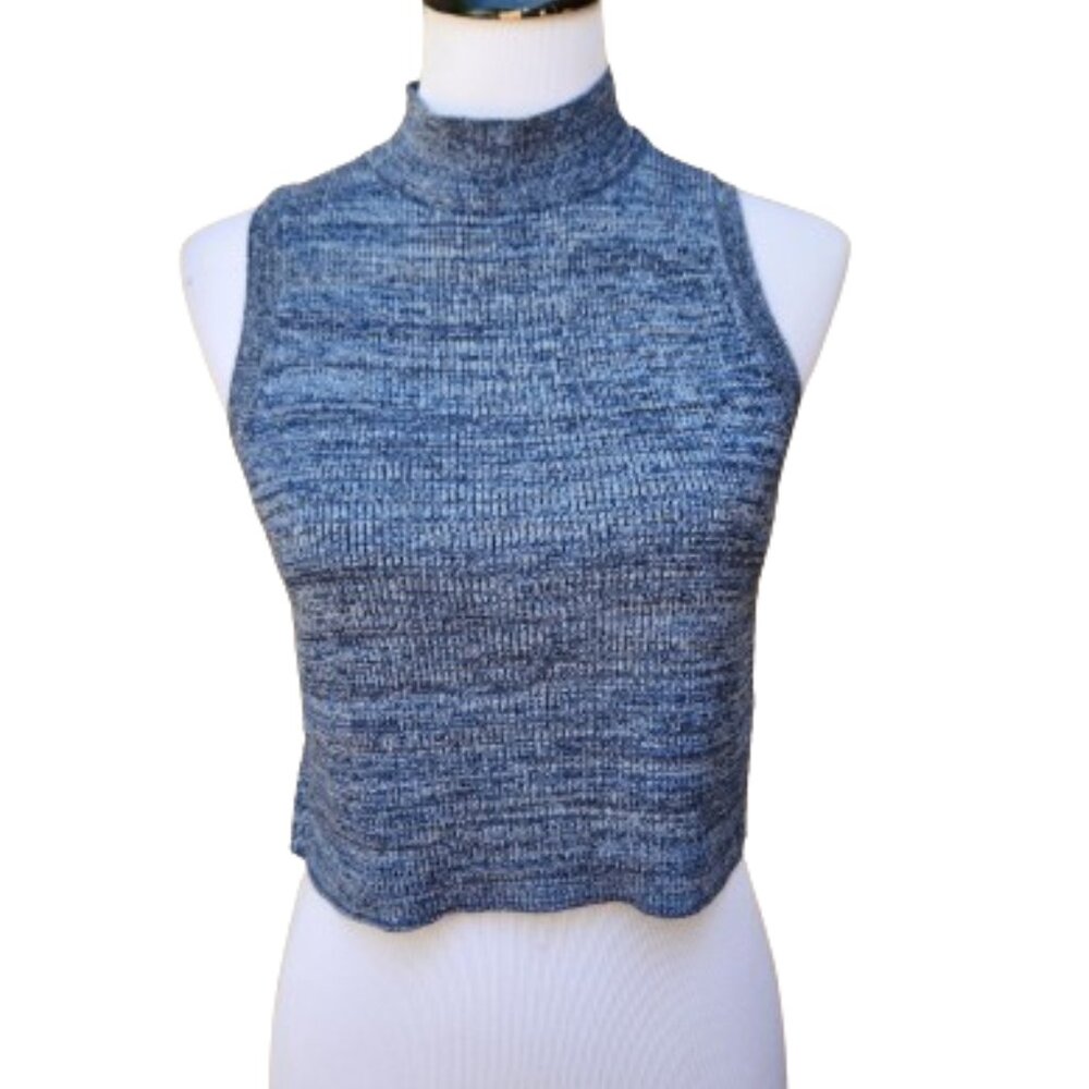 H&M Blue Knit Crop Top Mockneck Sleeveless Marled Blouse